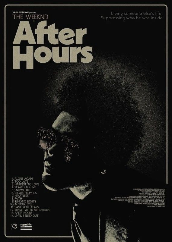 the poster for the film after hours, featuring an image of a man with afro hair