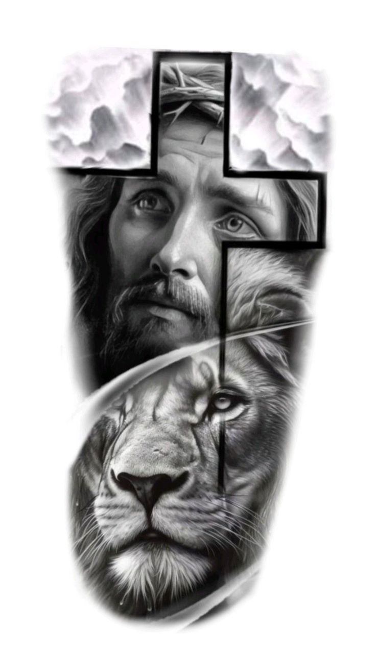 the face of jesus with a lion and cross on it