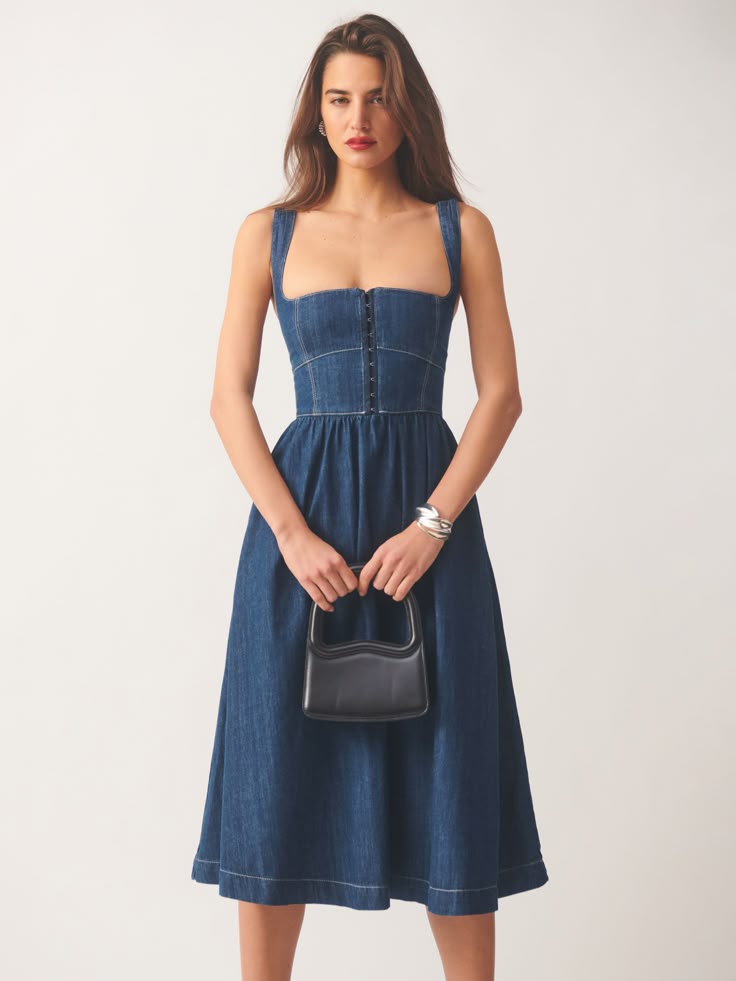 Try not to play favorites.  Shop the Tagliatelle Denim Midi Dress from Reformation, a midi length dress with a corset detailed bodice and lace neckline. Eloquii Denim Dress, Looks Jeans, Denim Midi Dress, Swimwear Dress, Lace Neckline, Vintage Inspired Dresses, Midi Length Dress, Inspired Dress, Linen Clothes