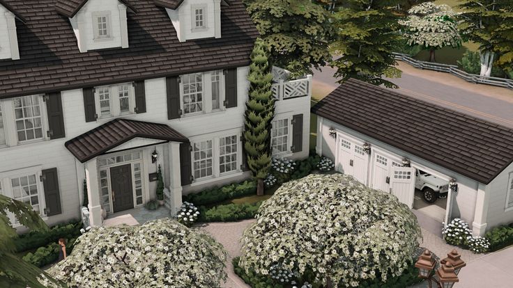 an artist's rendering of a large house with lots of trees and bushes around it