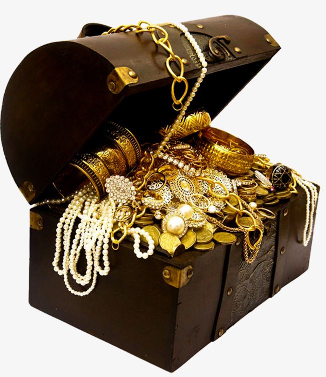 an open chest filled with lots of gold and jewelry on top of a white background