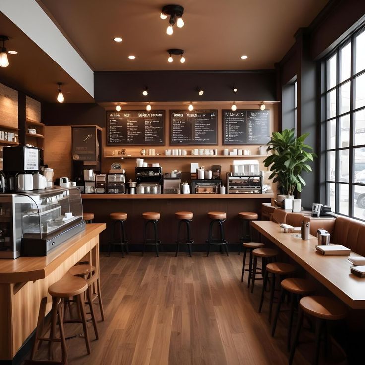 a coffee shop with wooden tables and chairs