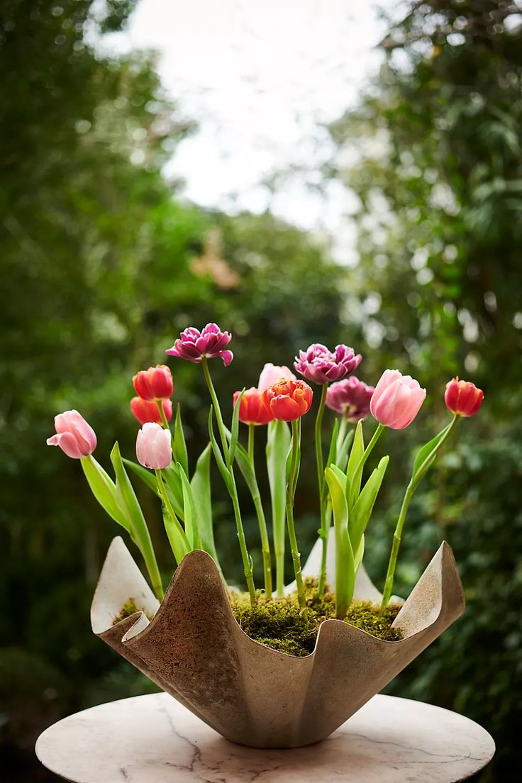 a bunch of flowers that are in a vase on top of a white table with moss