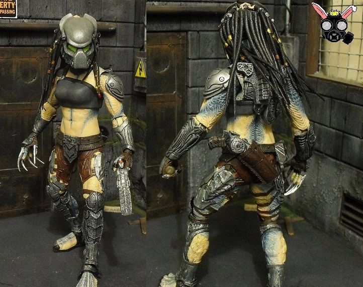 two action figures are posed in front of a door and one has dreadlocks on his head