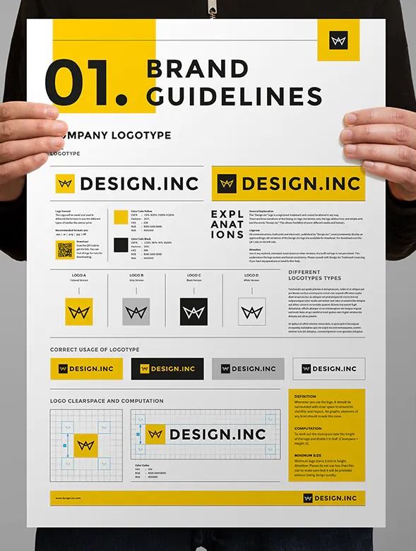 a person holding up a yellow and black poster with the words brand guidelines on it