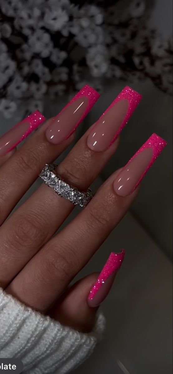 Royal Pink Nails, Hot Pink Coffin French Tip, Pink Nails French Tip Coffin, Hot Pink Nails Medium Length, French Pink Glitter Nails, Pink Nails Ideas Coffin, Sweet 16 Nail Ideas Pink, Hot Pink Nails For Hoco, Pink Hoco Nails Acrylic