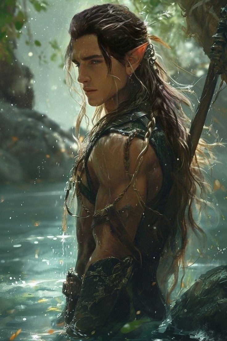 a woman with long hair standing in the water holding a spear and looking at something