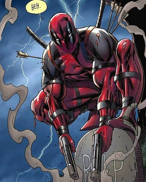 deadpool is sitting on a rock with lightning in the background