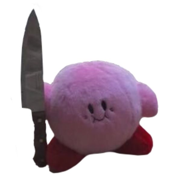 a pink teddy bear with a knife stuck in it's back