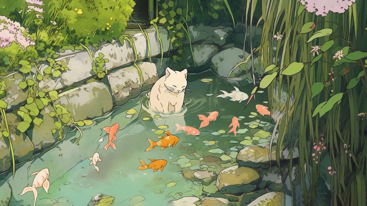 a cat sitting on the edge of a pond surrounded by water lilies and fish