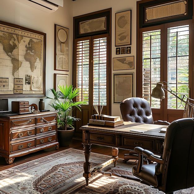 an office with wooden shutters and leather chair in front of a large map on the wall