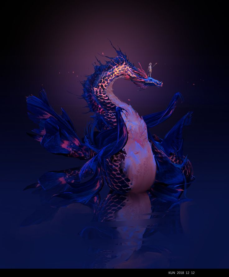 a blue and red dragon sitting on top of water