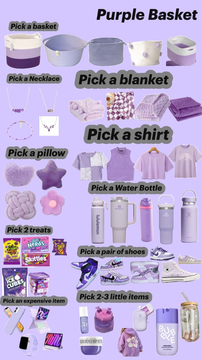 the purple basket is filled with different items