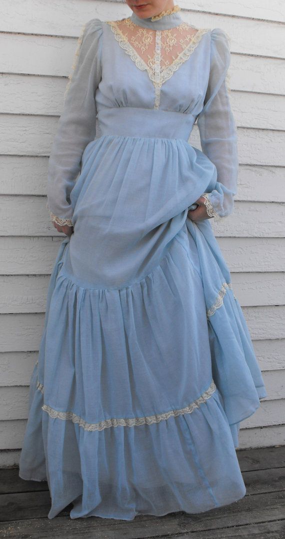 70s Blue Prairie Dress Vintage Lace XS S Long Full by soulrust, $49.99 Sax Dress, Gunne Sax Dress, Floral Gown, Dress Back, Prairie Dress, Hippie Bohemian, Ivory Lace, Dress Vintage, Vintage Lace