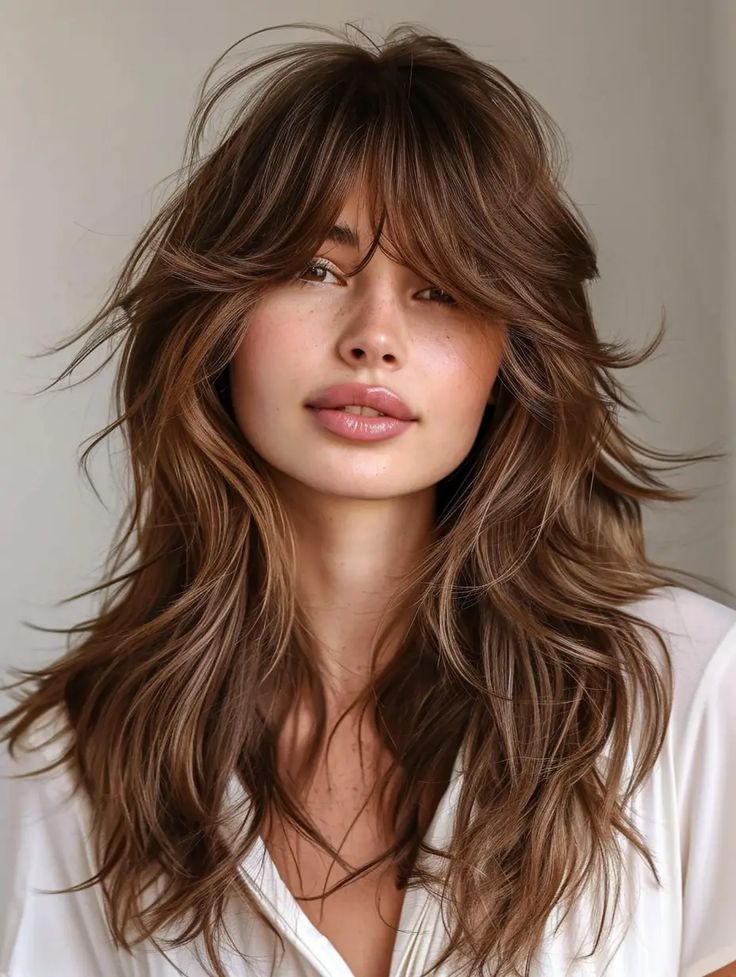 38 Best Long Shag Haircut Ideas: A 2024 Style Guide Long Shag Haircuts For Thick Hair, Long Shag Side Bangs, Shag Hairstyles Long Straight, Long Haircut 2024, Long Modern Shag, Long Shag Haircut No Bangs, Brunette Shag Haircut, 2024 Hair Styles, Modern Shag Haircuts Long