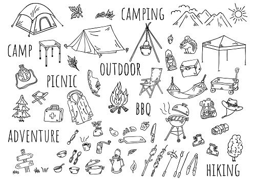 the camping doodle is shown in black and white