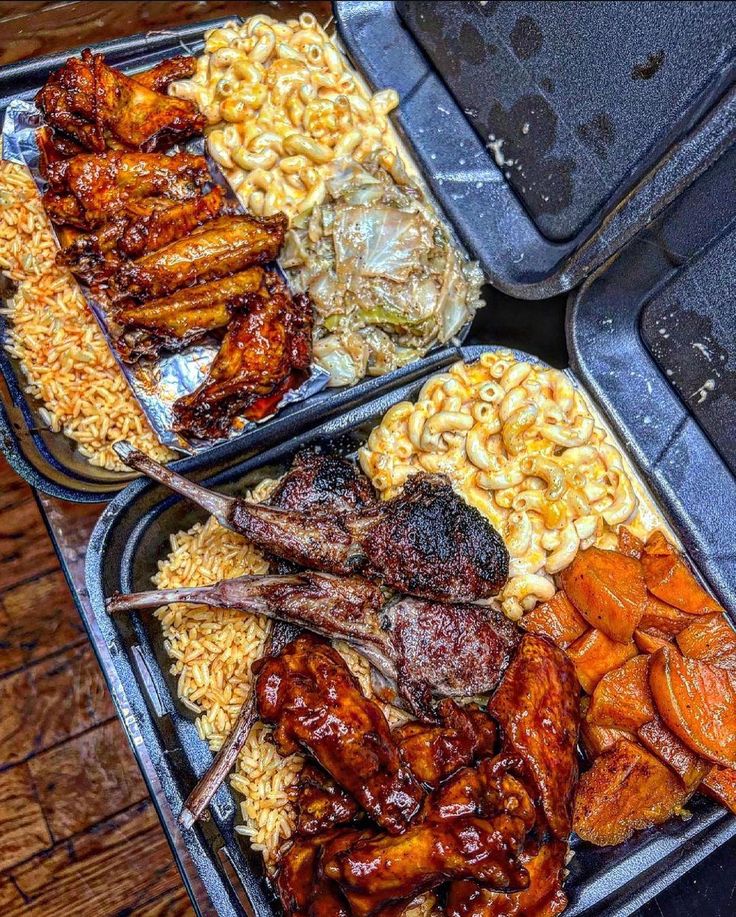 two trays filled with different types of food