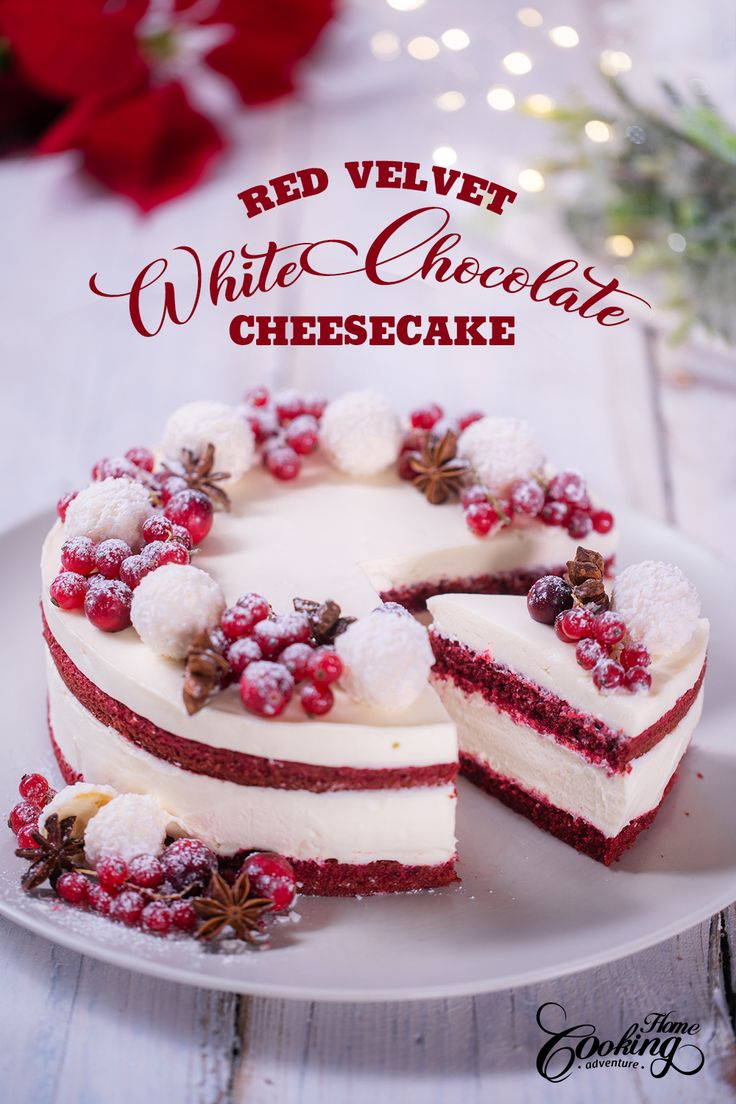 red velvet white chocolate cheesecake with cranberries and pomegranates