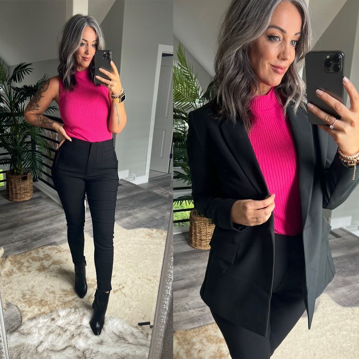 Pink Top Outfit, Blazer Look, Black Blazer Outfit, Dress Pants Black, Style Blazer, Fits Clothes, Pink Blazer, Blazer Outfits, Black Dress Pants