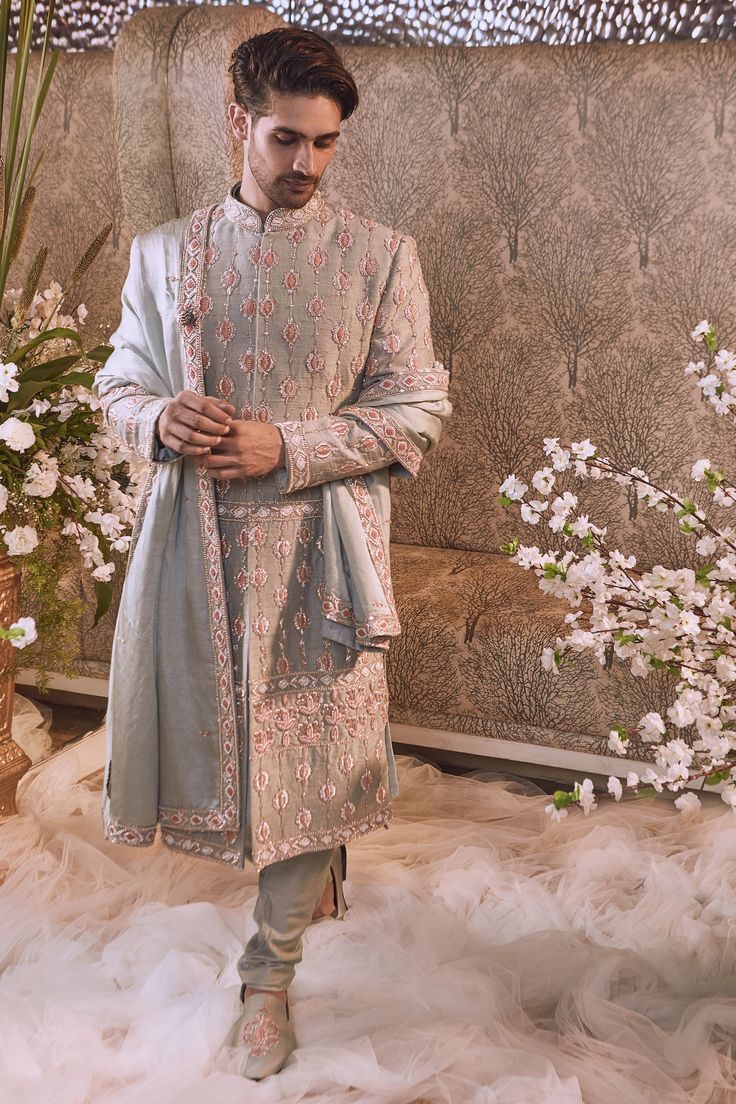 Bindani By Jigar And Nikita-Ice Blue Embroidered Sherwani And Shawl-INDIASPOPUP.COM Groom Wedding Outfit, Kurta Fashion, Blue Sherwani, Balloon Bouquet Diy, Embroidered Sherwani, Modern Groom, Silk Stoles, Dhoti Pants, Puja Room