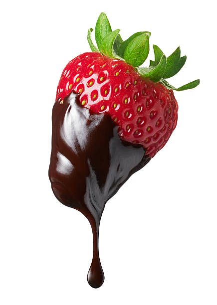 chocolate covered strawberry with green leaves on top and dripping from the bottom, isolated against a white background