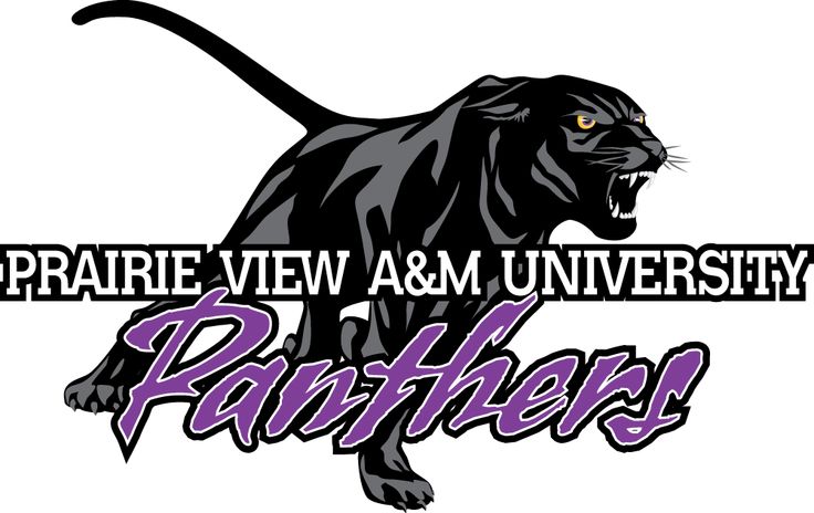 the panther logo is shown in purple and black with words that read, prairie view & am university