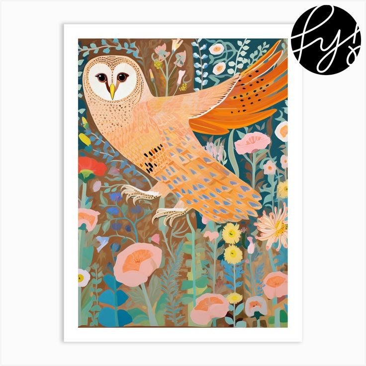 an orange and white owl is flying through the air with flowers in front of it