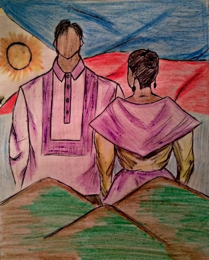 a drawing of a man and woman sitting on a hill looking at the sun above them