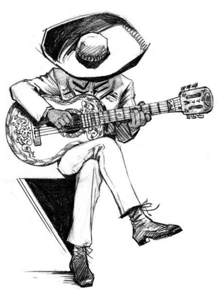 a drawing of a man with a guitar in his hand and wearing a sombrero