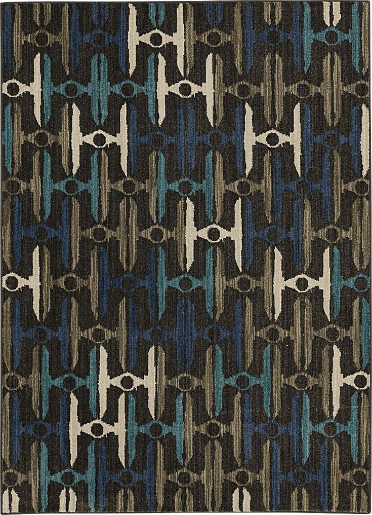 a black and blue rug with an abstract design on the bottom, in different colors