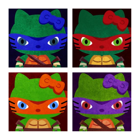 four different pictures of teenage mutant ninjas with their heads painted like cats and turtles