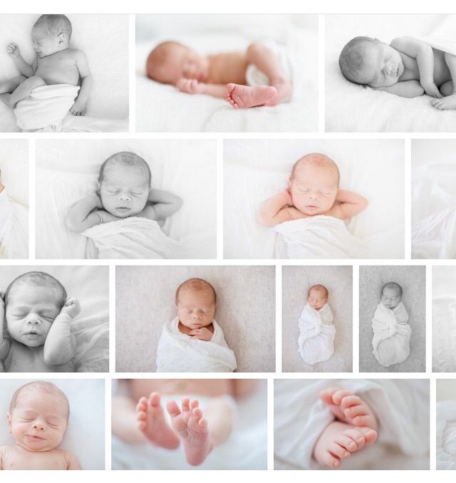 a collage of photos with baby's feet and hands in different positions on the bed