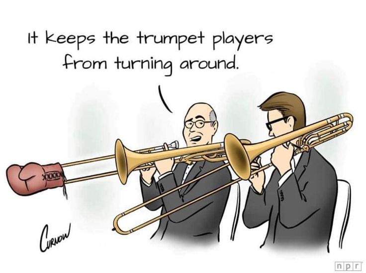 two men in suits playing trombones with the caption, it keeps the trumpet players from turning around