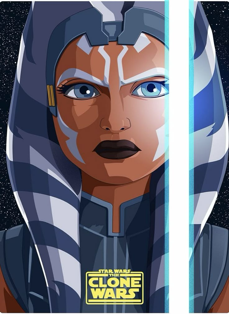 an image of a woman with blue eyes and a star wars poster on her face