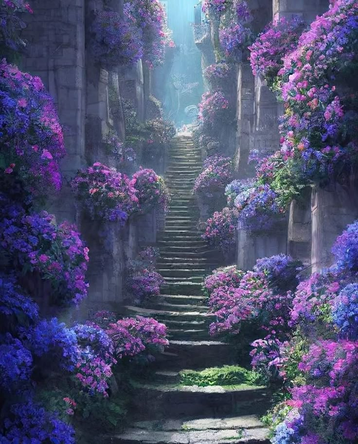 the stairs are covered with purple flowers