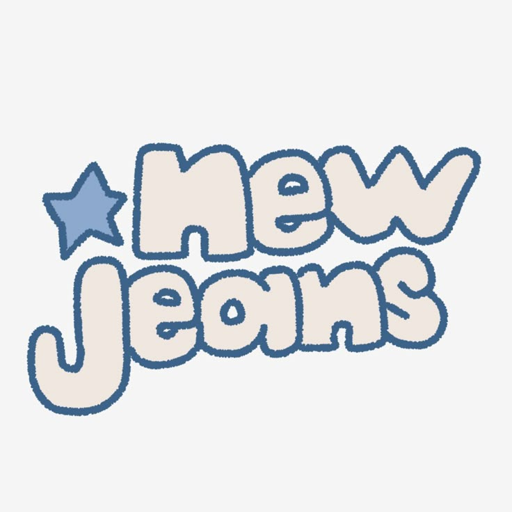 the words new jeans written in blue and white with stars on it's side