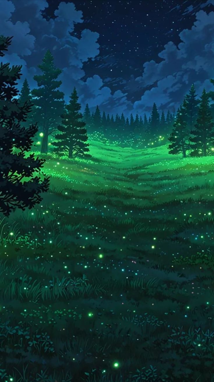 the night sky is full of stars and green grass, with fireflies in the foreground