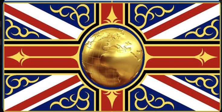 the british flag with a golden globe on it's center and gold trimmings