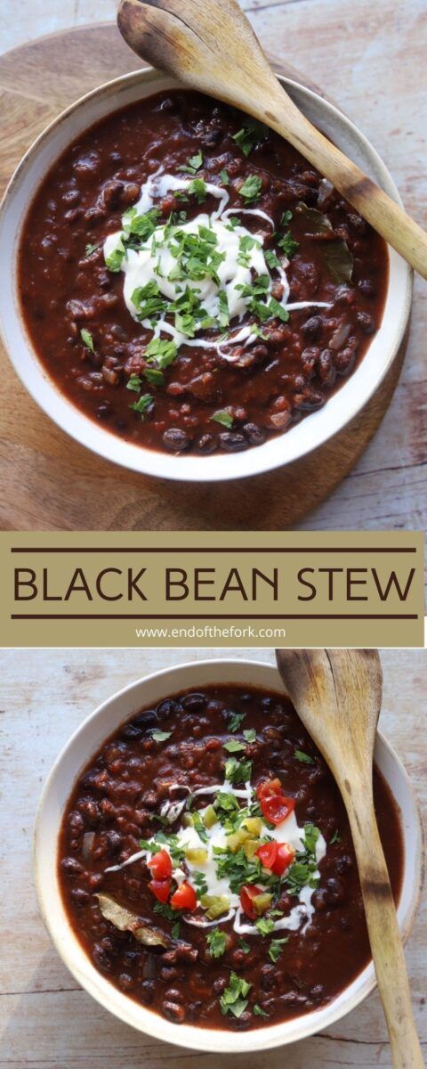 black bean stew in a white bowl with spoons on the side and an image of it