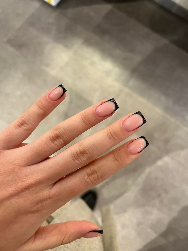 Black french nails Black Tips Nails Square, Gel French Nails Short, Black French Tip Biab, Extra Short Black French Tip Nails, Black Mini French Nails, Black Small French Tip Nails, Short Nail Black French Tip, Small Black French Tip Nails, French Tip Nails Short Square With Design