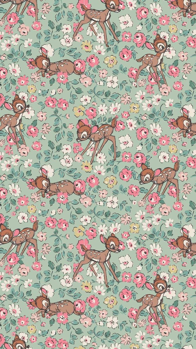 a green background with pink flowers and deers in the middle, on top of it