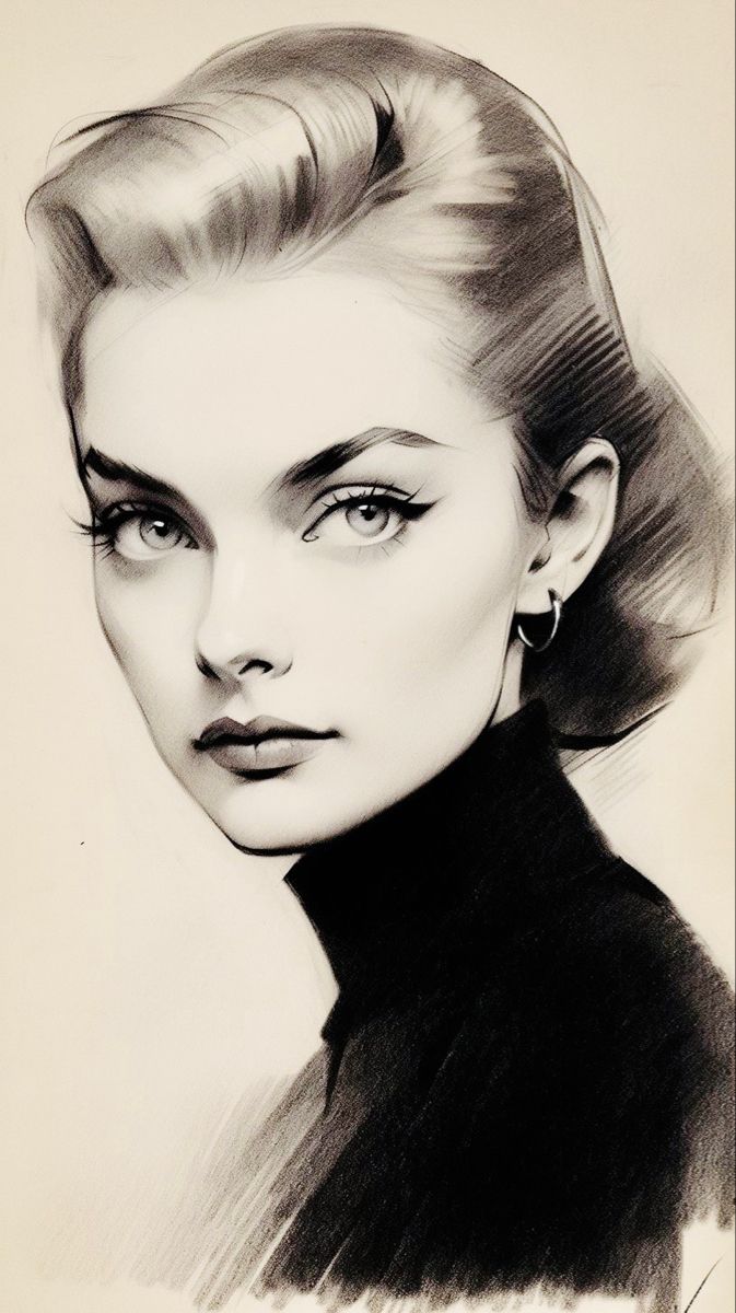 a black and white drawing of a woman's face