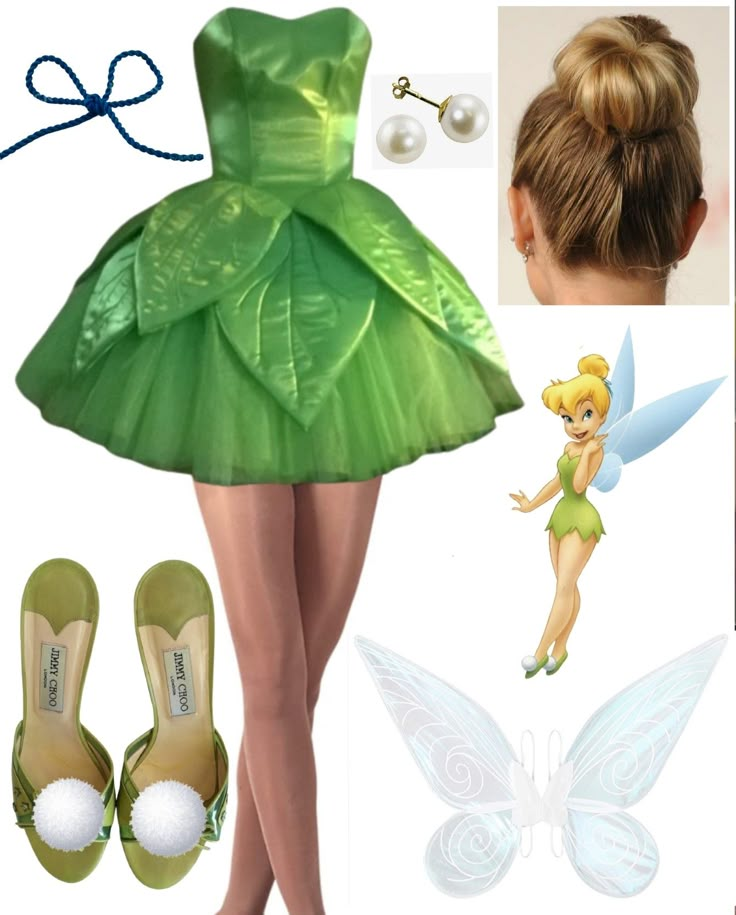 the tinkerbell fairy costume is green and has white shoes with pearls on them