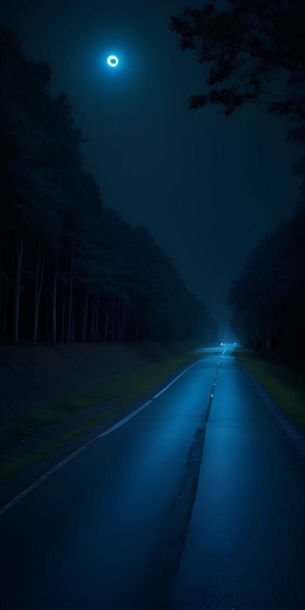 an empty road at night with the moon in the sky and trees on either side