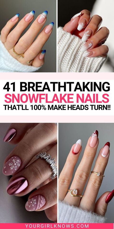 Snowflake Nails French Tip, Snowflake Nails Short, French Tip Winter Nails, Red Snowflake Nails, Red And Silver Nails, Christmas Snowflakes Nails, French Bleu, Snowflake Nail Design, Blue And Silver Nails