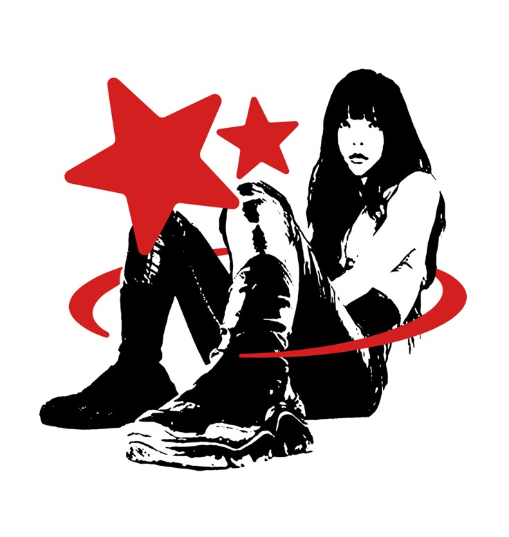 a woman sitting on the ground with two red stars above her head and an arrow in front of her