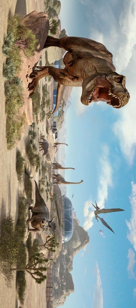 an artist's rendering of dinosaurs walking on the beach with their reflection in the water