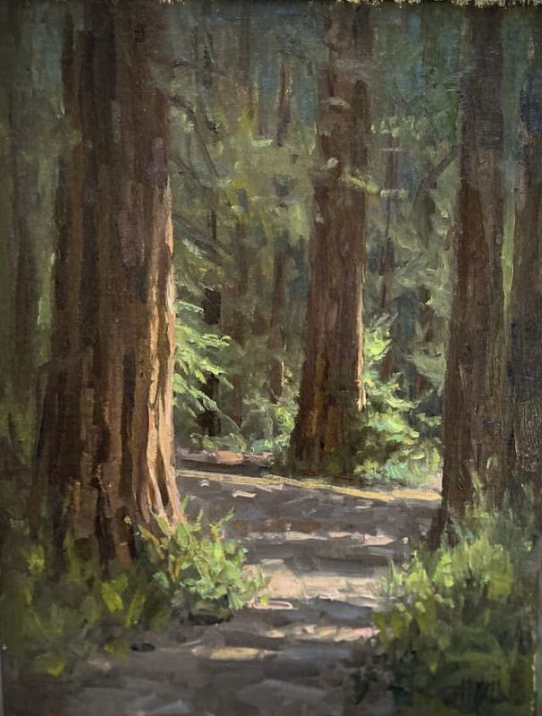 an oil painting of a path in the woods