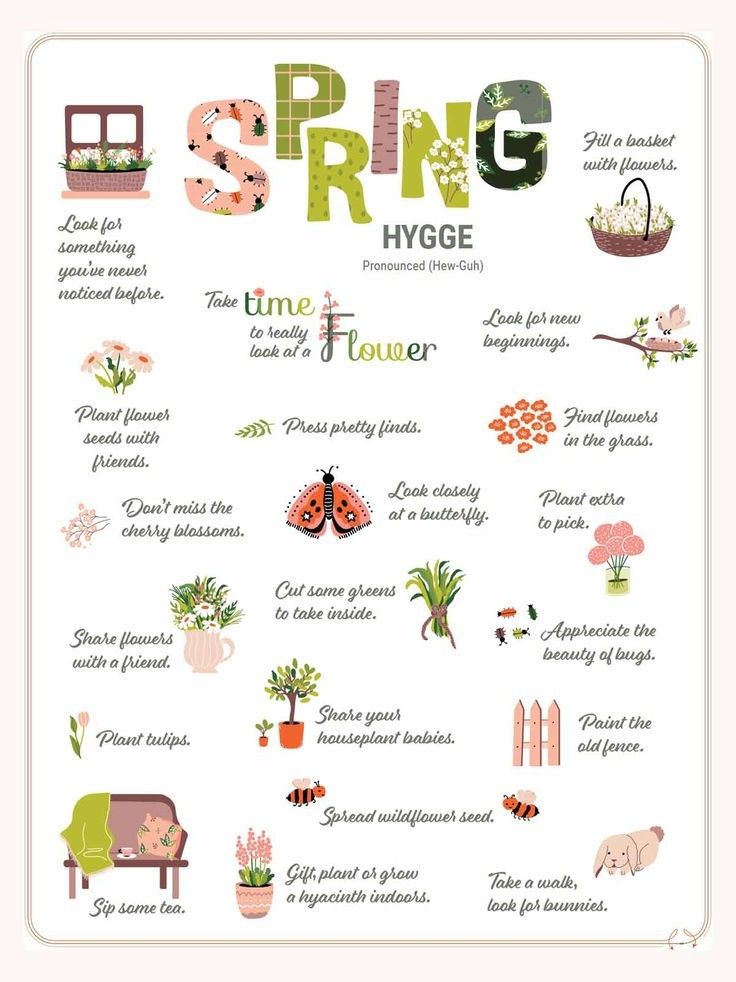 the spring hygge poster is shown in green, pink and orange colors