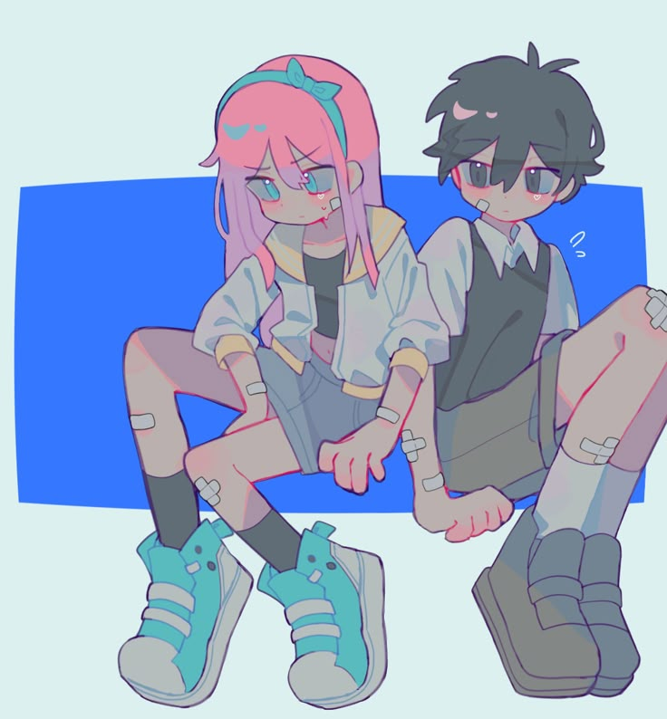 two anime characters sitting next to each other on a blue and white background, one with pink hair